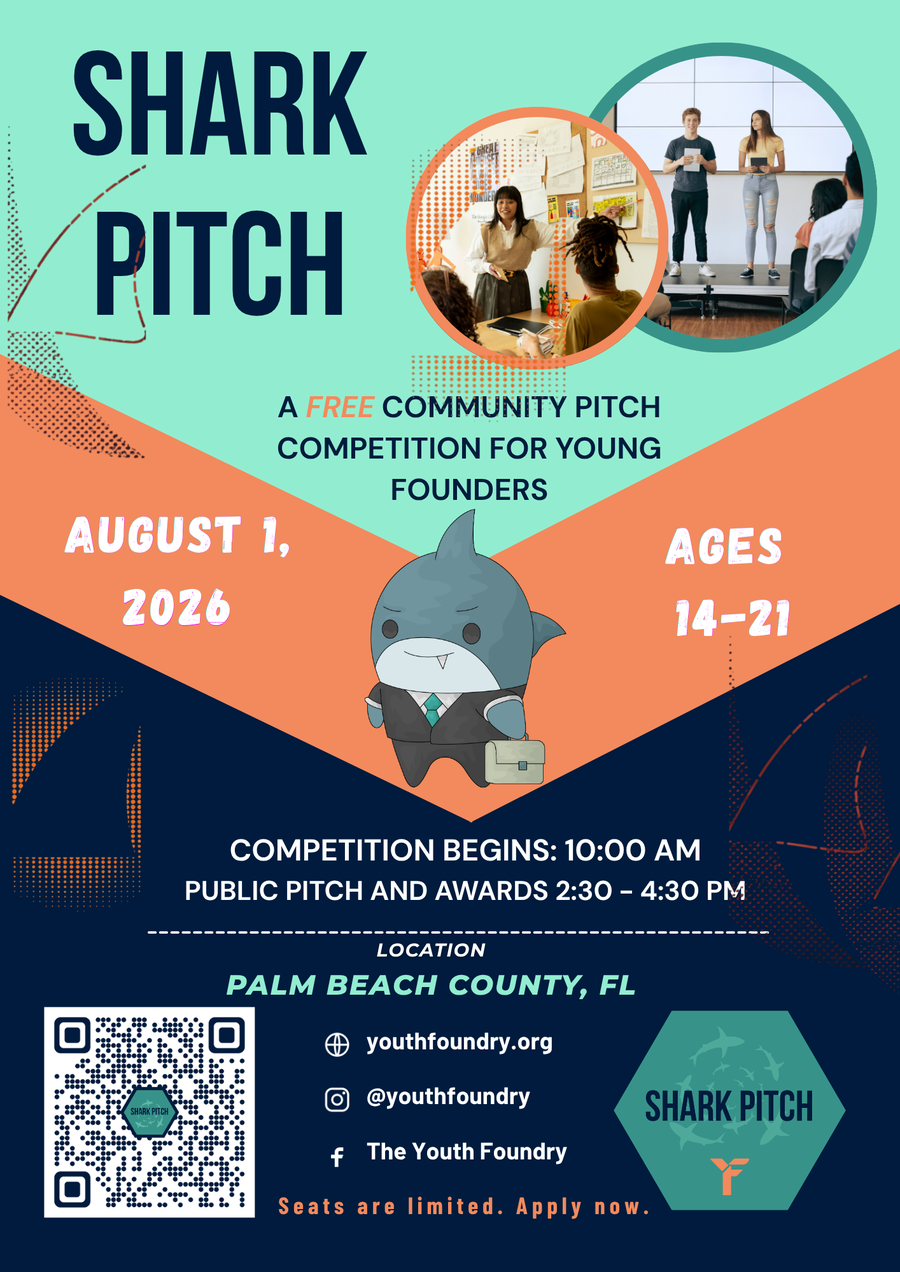 SHARK PITCH event flyer: a free community pitch competition for young founders, August 1, 2026, Palm Beach County